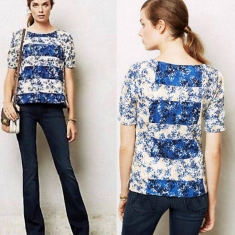 Anthropologie Postcard Postmark Blue White Top